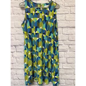 Calvin Klein Blue Green Black Abstract Sleeveless Swing Dress Midi SZ 14 NWOT